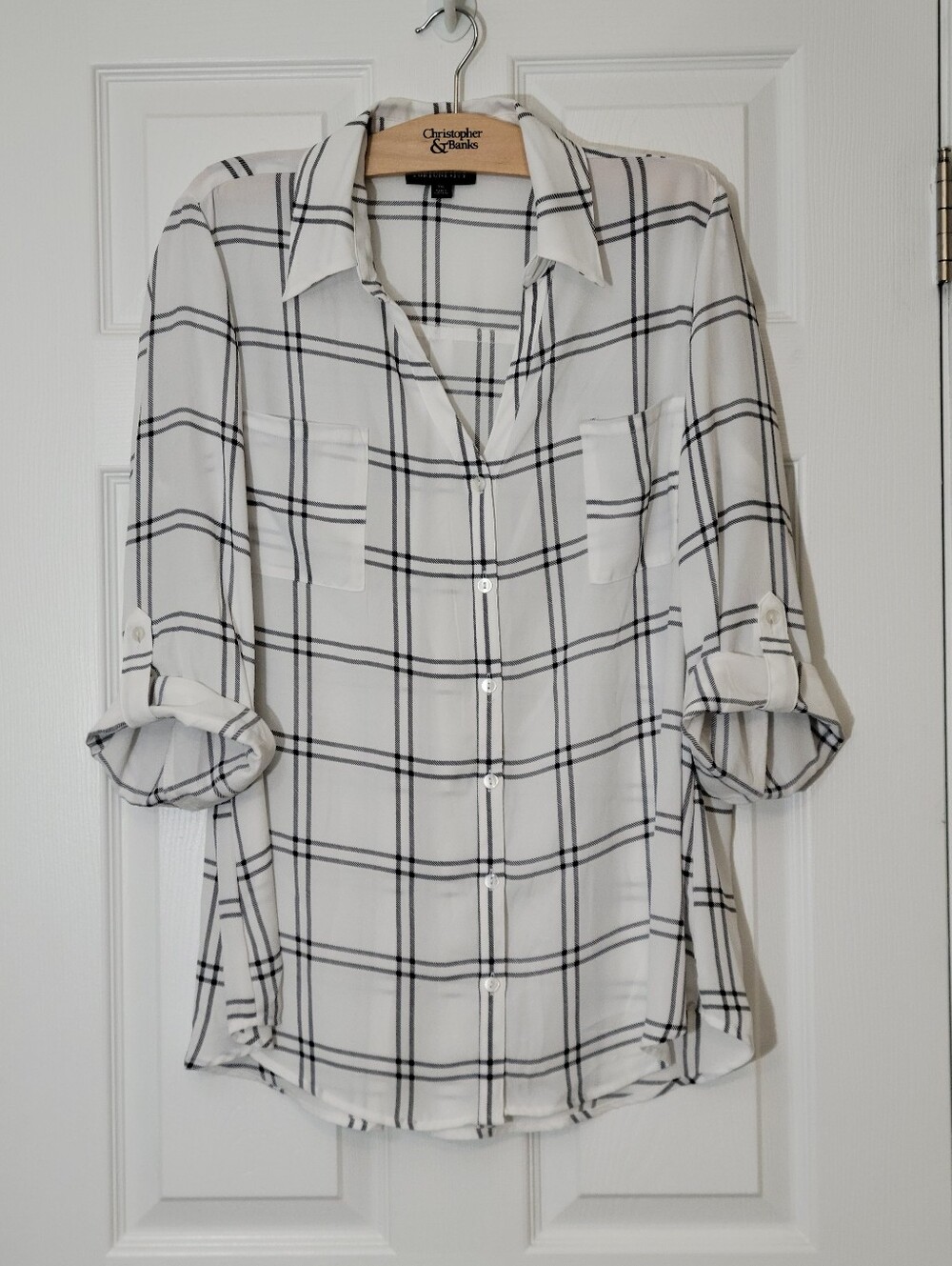 Fortune + Ivy White Black Windowpane Plaid Roll Tab Sleeve Blouse Size XXL